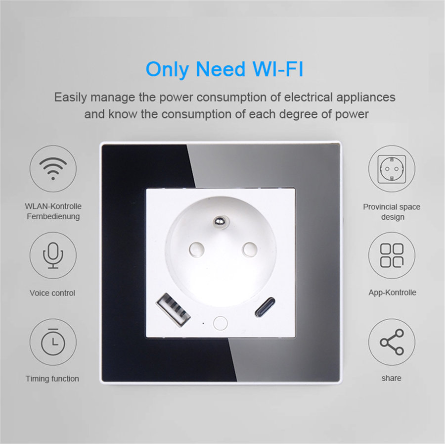 រន្ធ​ដោត​ជញ្ជាំង​បំពង​សំឡេង​តាម​ប្រព័ន្ធ WiFi Smart ជាមួយ USB-A + ប្រភេទ C4
